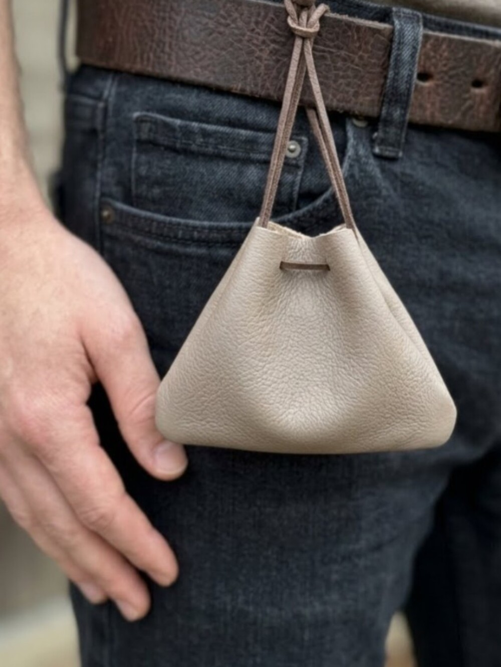 Handmade Genuine Leather Gathered Drawstring Pouch Taupe